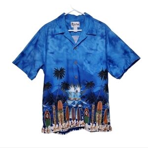 Vintage 90s Howie Men's Hawaiian Shirt,  Blue Surfboard Themed Button Down Sz  L